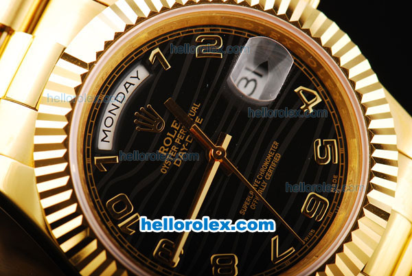 Rolex Day-Date II Swiss ETA 2836 Automatic Movement Full Gold with Black Dial and Gold Arabic Numeral Hour Markers - Click Image to Close
